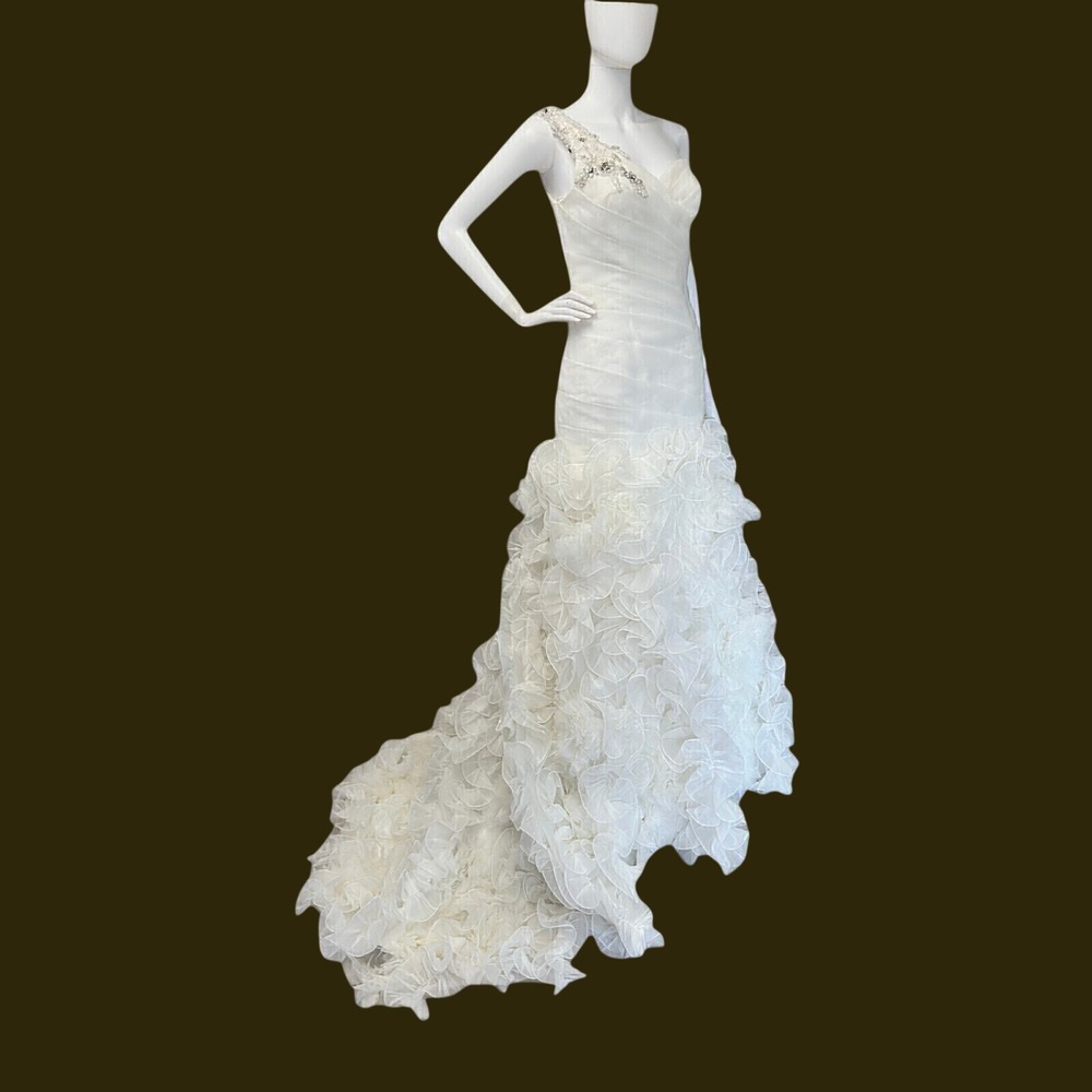 One Shoulder Mermaid Wedding Gown‎ Ruffled Organza Pearl Crystal Rhinestones JB